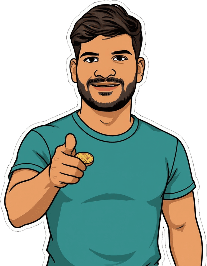 Sticker of Sanskar pointing at you, holding a coin