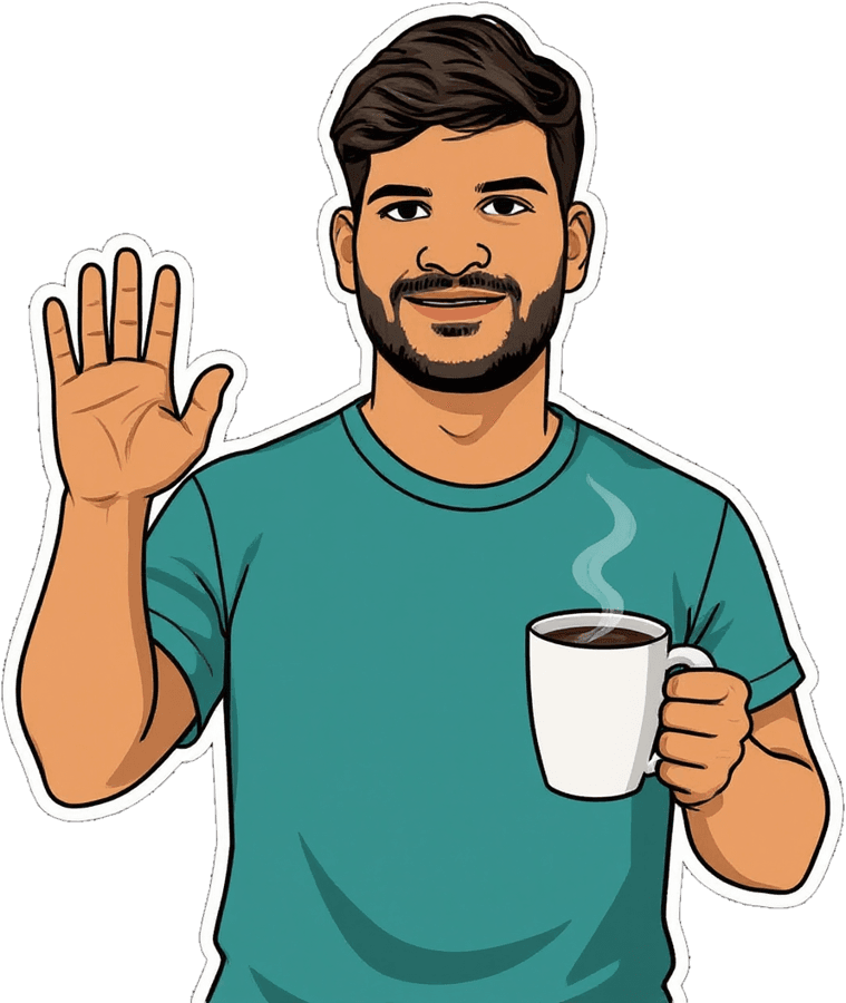 Sticker of Sanskar waving with a coffee