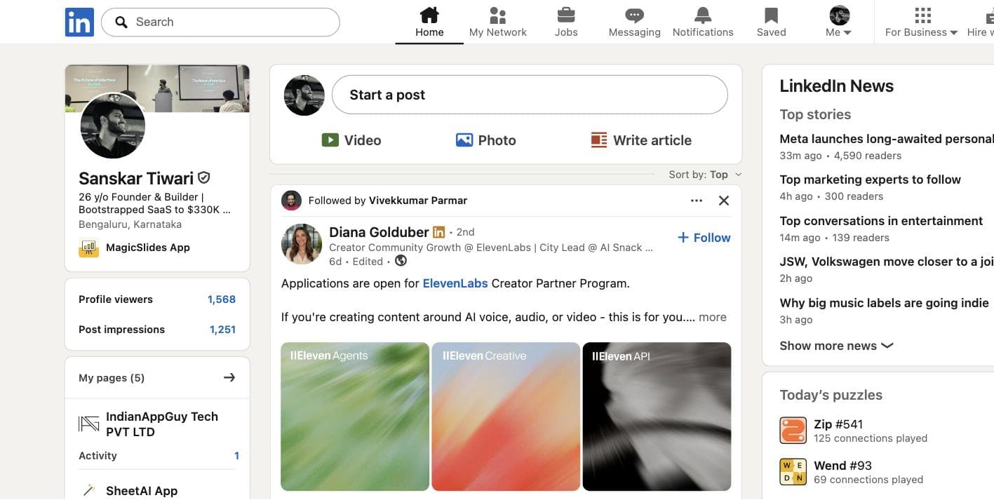 Stock LinkedIn home feed with profile card, feed cards and news column