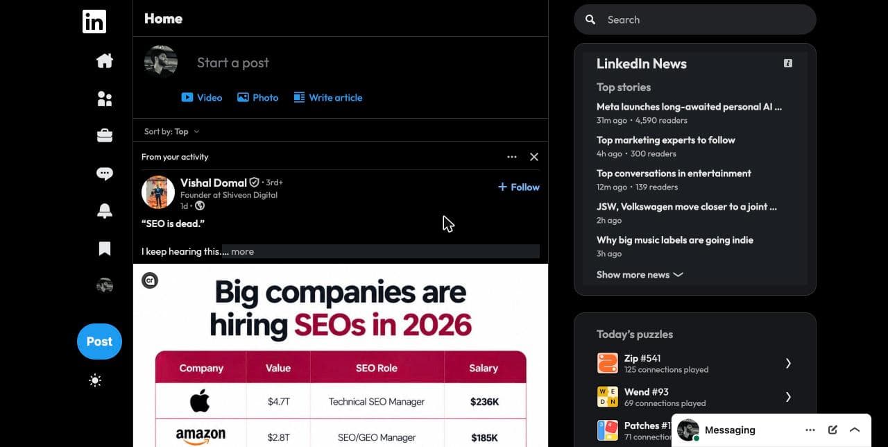 The same LinkedIn feed laid out like X: left rail, single feed column, dark theme