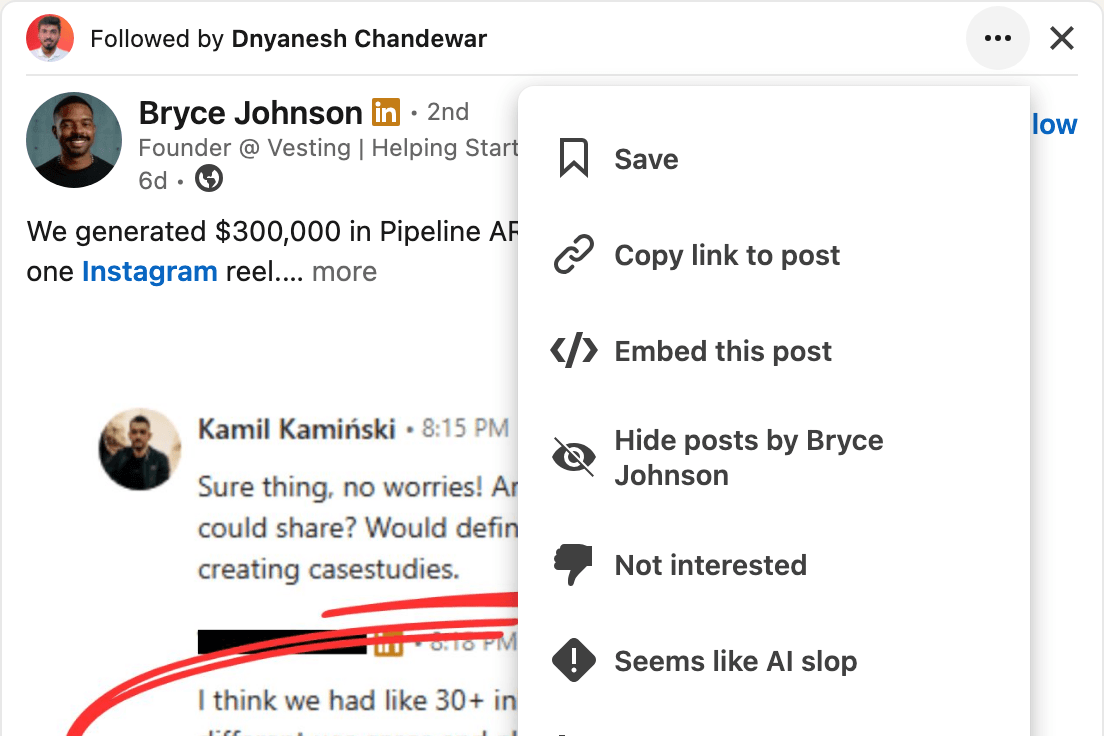 LinkedIn's post menu opened, with Save as one of eight options