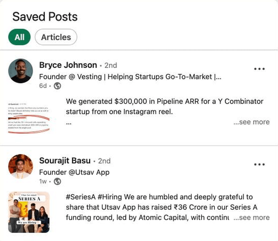 LinkedIn's Saved Posts page with the just-saved post at the top