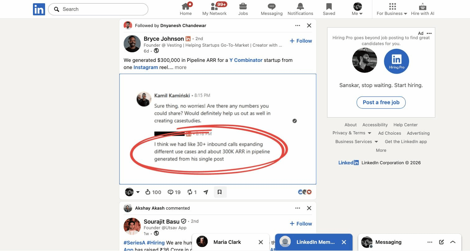Recording: clicking the bookmark icon saves a LinkedIn post, LinkedIn shows Post saved and a Saved link appears
