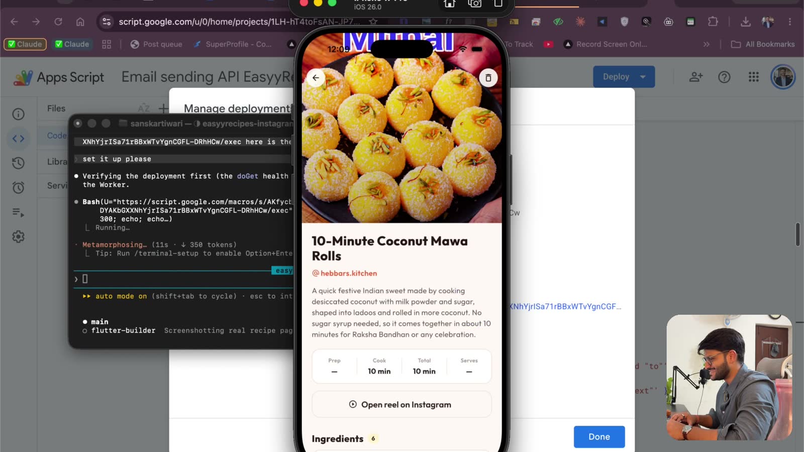EasyyRecipes running on a real iPhone during the recorded build — Claude terminals and Apps Script on screen